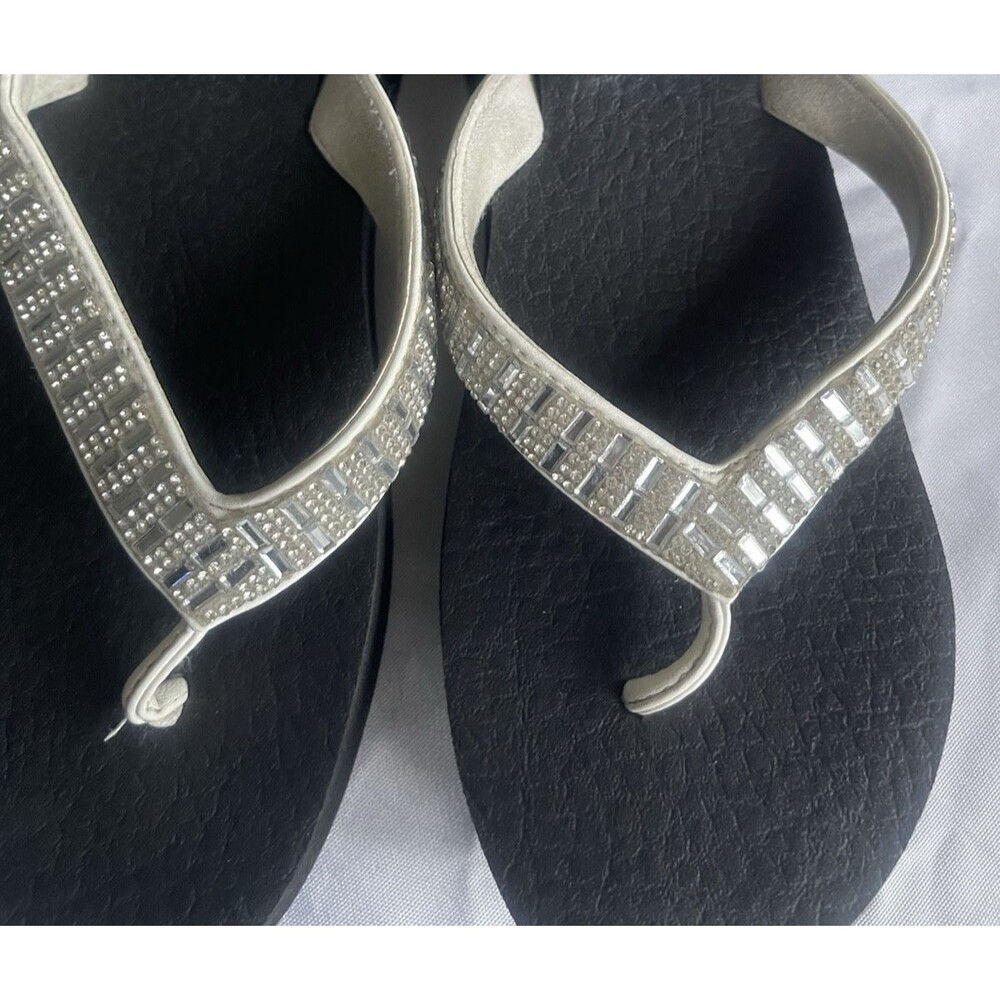 Skechers Womens 8 Black Platform Wedge Flip Flops Rhinestone Bling Sandals